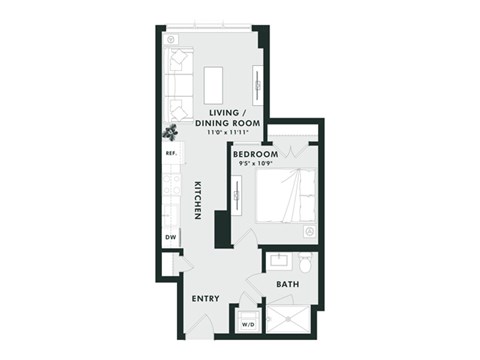 A floor plan of a small apartment with a living room, dining room, bedroom, kitchen, bathroom, and entry.
